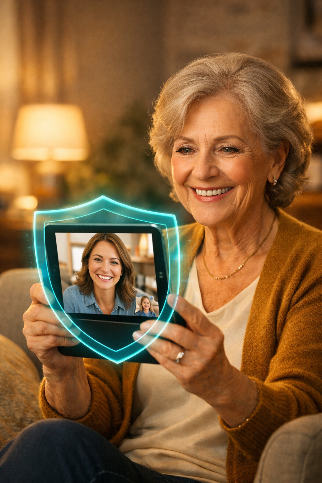 Smiling grandmother video calling her daughter on a tablet, protected by SilverShield AI